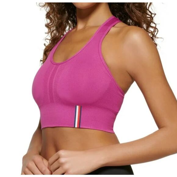 TOMMY HILFIGER SPORT Seamless Sports Bra Small Pink Dahlia Seamless Scoop NWT - Picture 1 of 14